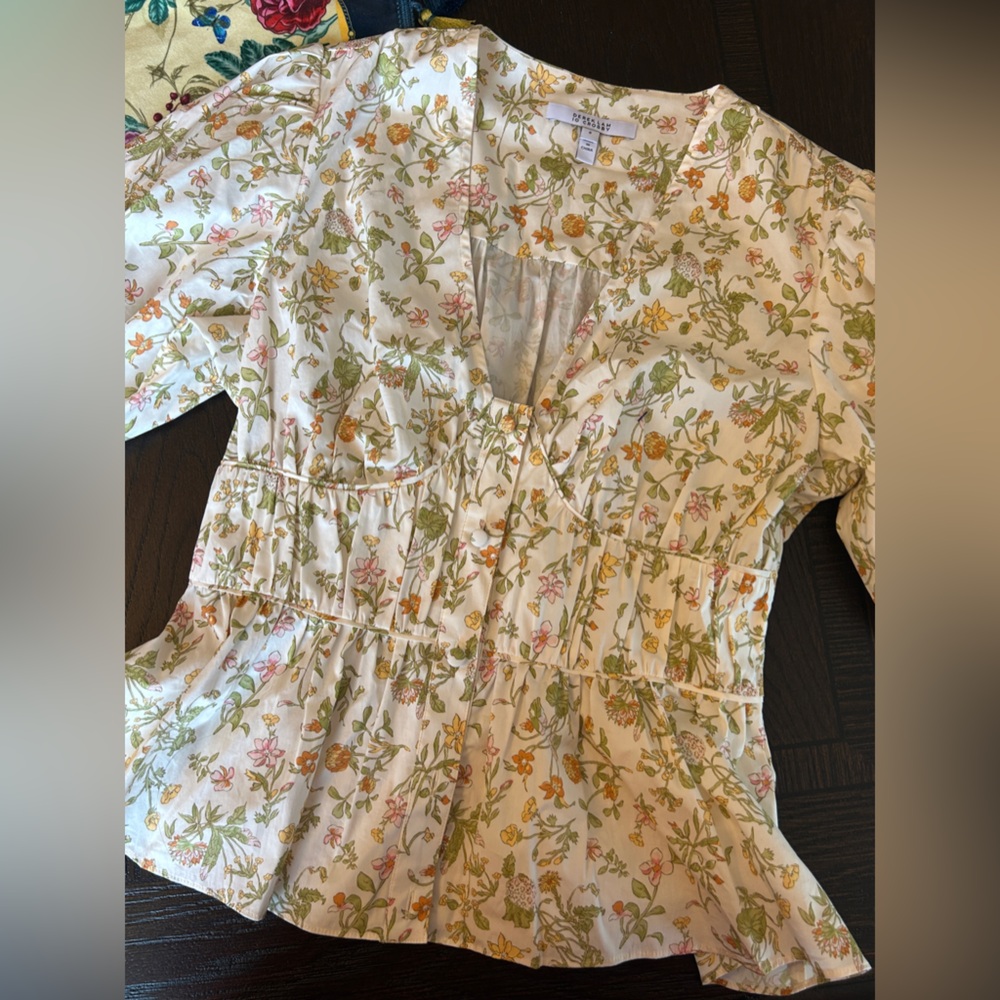 DEREK LAM 10 CROSBY Maureen floral- print Cotton Blend Poplin Top -NWOT